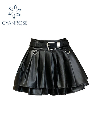 Gonna da donna nera a trapezio in pelle, stile vintage, estetica Y2k, gonna a pieghe, Harajuku, gotica coreana, minigonna, emo, abbigliamento estivo anni 2000.