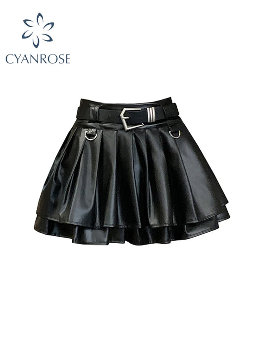 Gonna da donna nera a trapezio in pelle, stile vintage, estetica Y2k, gonna a pieghe, Harajuku, gotica coreana, minigonna, emo, abbigliamento estivo anni 2000.