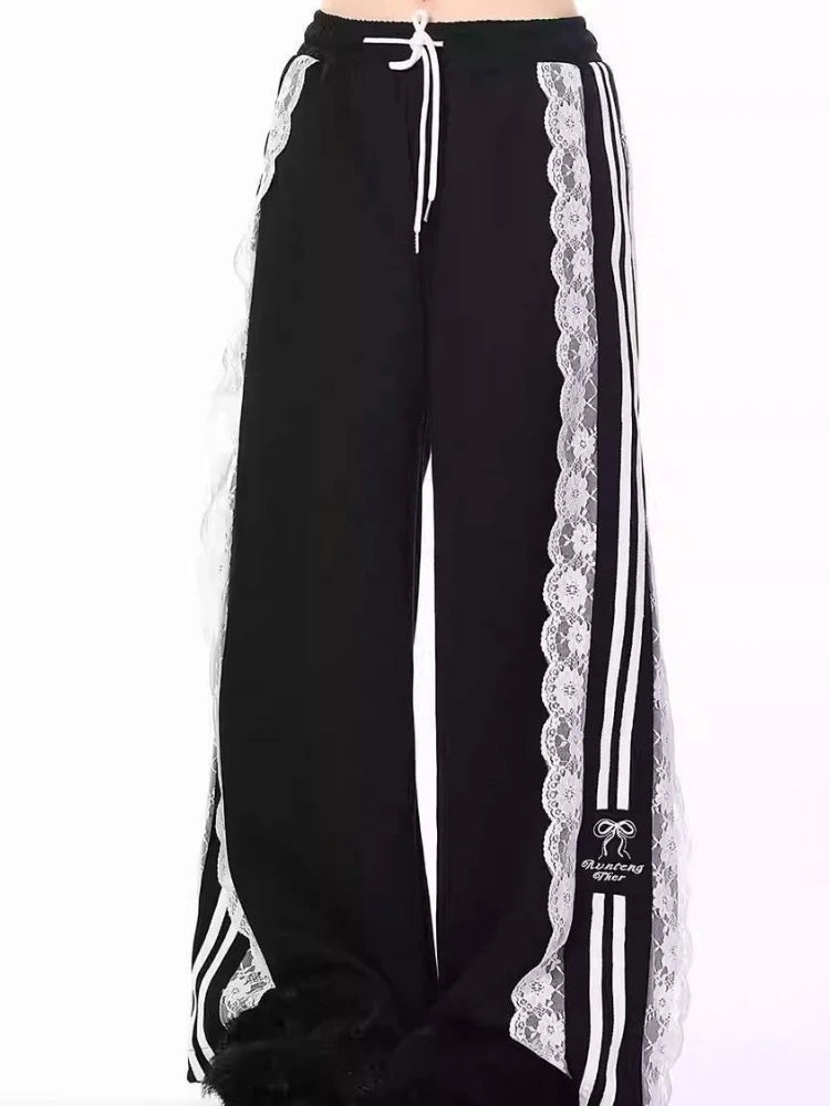 Pantaloni da jogging larghi coreani chic autunnali da donna con coulisse in pizzo patchwork Y2k, pantaloni da donna nuovi pantaloni casual alla moda