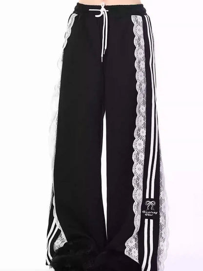 Autumn Chic Korean Loose Joggers Women Patchwork Lace Drawstring Sweatpants Y2k Pants Femme New Bottoms Casual Fashion Trousers