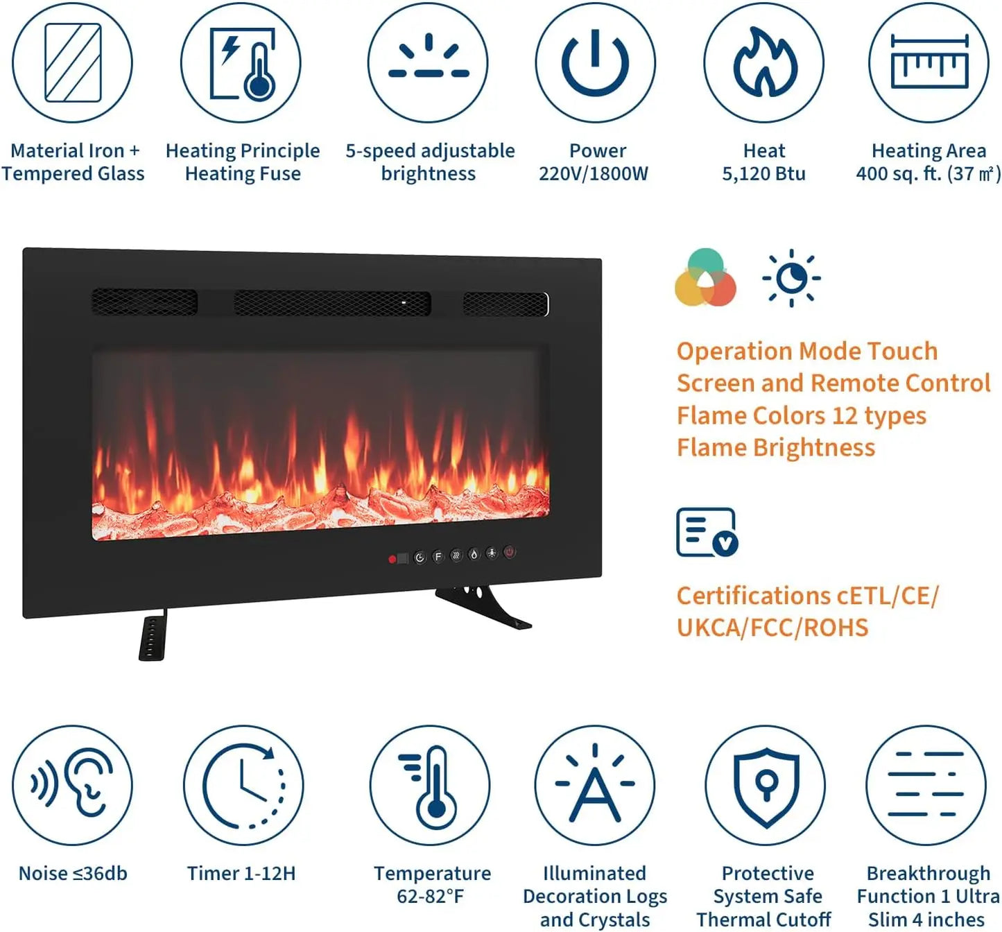 Caminetto elettrico a parete ultrapiatto con telecomando, riscaldatore da 1800 W, 12 colori, timer fino a 12 ore/vetro temperato