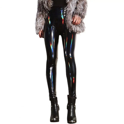 Pantaloni da donna sexy in pelle lucida, vita alta, slim neri, effetto specchio, ideali per discoteca, pantaloni a matita in PU