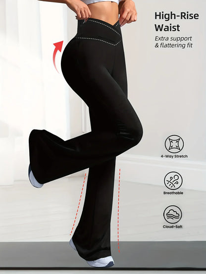 2026 New Arrival Spring Black Women's Cross High Waist High Elastic Tummy Control Butt Lifting Slim Fit Flare Pants Casual Yoga