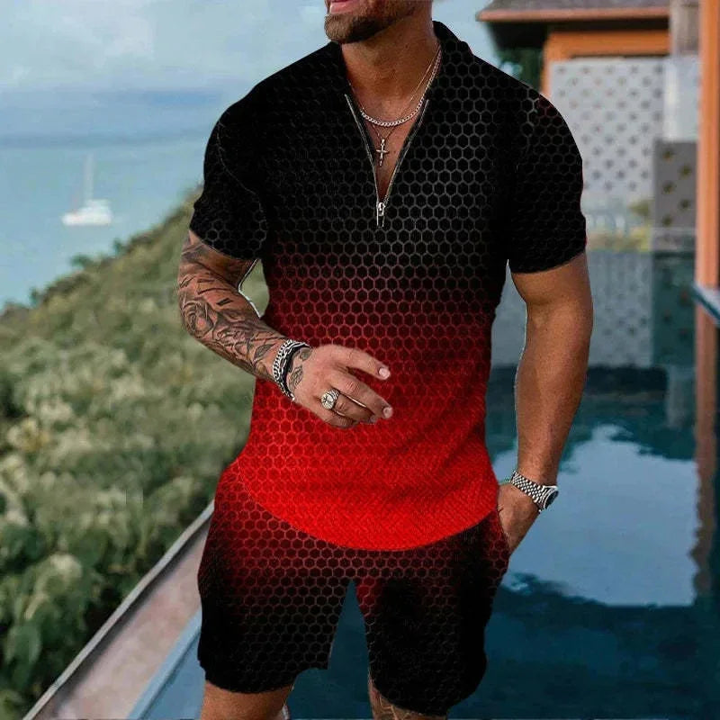 Completo da uomo composto da polo con cerniera, tinta unita, stampa 3D sfumata, colletto polo e pantaloncini. Abbigliamento estivo oversize per le vacanze alle Hawaii.