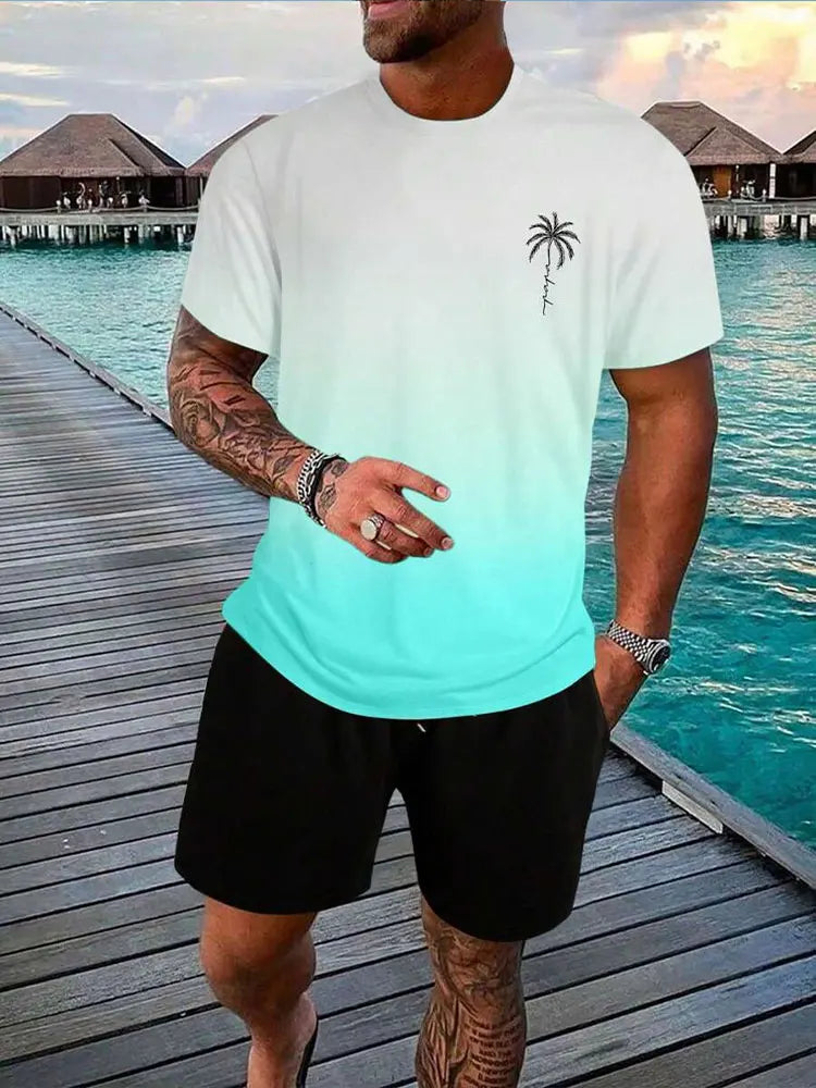 Completo estivo casual da uomo composto da 2 pezzi: pantaloncini a maniche corte con stampa hawaiana, t-shirt da uomo e pantaloncini da spiaggia per sport all'aria aperta.