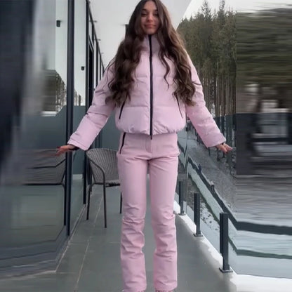 Thicken Warm Women's Skiwear Pink High Collar Hooded Cotton Padded Coats Straight Leg Zipper Pants 2025 New Winter Lady Ski Suit