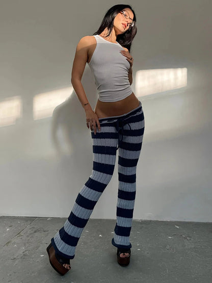 Nibber Autumn Trend Long Pants Woman Stripe Patchwork Crochet Shirring Elastic High Waist Skinny Peach Hip Street Style Bottoms