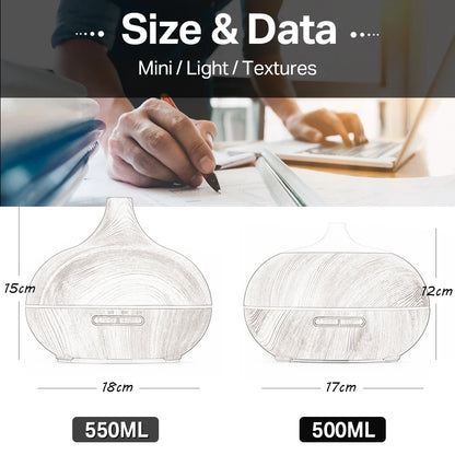 Diffusore di oli essenziali per aromaterapia con finitura effetto legno, telecomando, umidificatore ad ultrasuoni e luce LED a 7 colori.