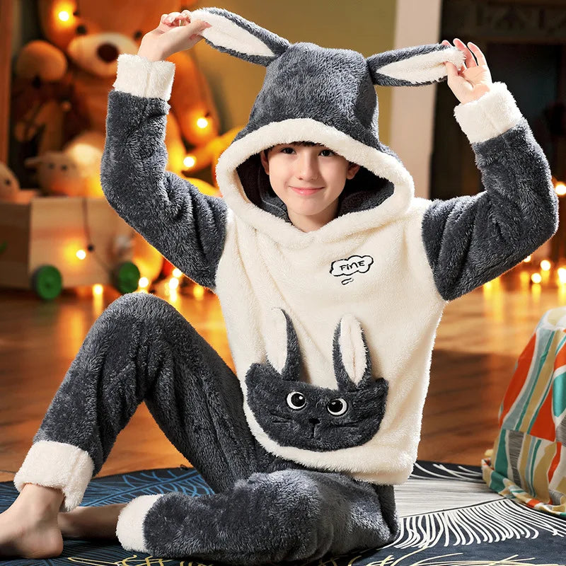 Pigiama invernale caldo per ragazzi con animali dei cartoni animati, set pigiama per bambini in pile di corallo, completo da casa in flanella con cappuccio, pigiama per ragazzi