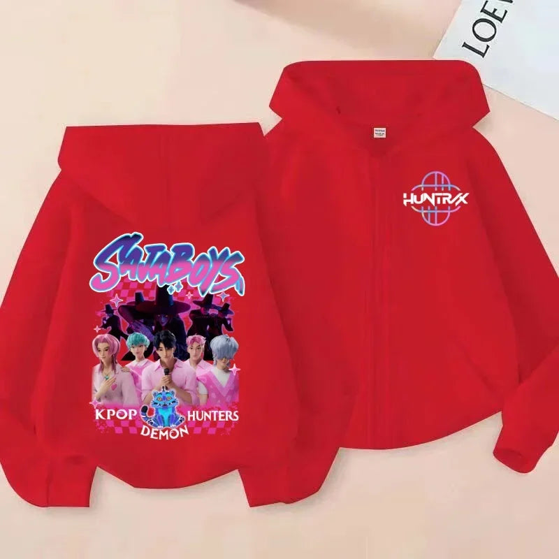Felpa con zip stampata HUNTRX con la boy band coreana SajaBoys, cardigan con cappuccio alla moda KPOP Demon Hunters.