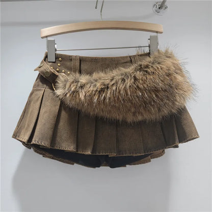 Sexy Low Waist Fuzzy Furry Blet Mini Skirt 2026 New Fashion Women Pleated Skirts Y2K