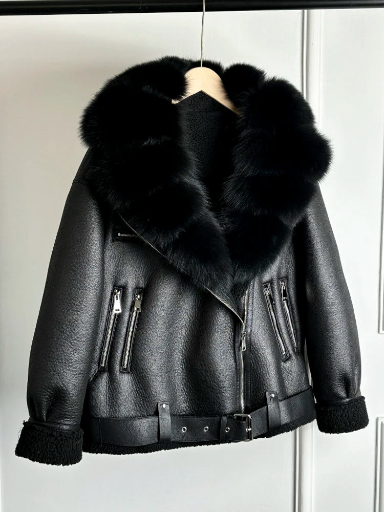 Janveny 2024 Winter Fake Leather Coat Real Natural Fox Fur Collar Cuff Women Thick Warm Large Lapel Fur Lining Leather Jacket