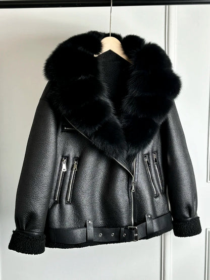 Janveny 2024 Winter Fake Leather Coat Real Natural Fox Fur Collar Cuff Women Thick Warm Large Lapel Fur Lining Leather Jacket