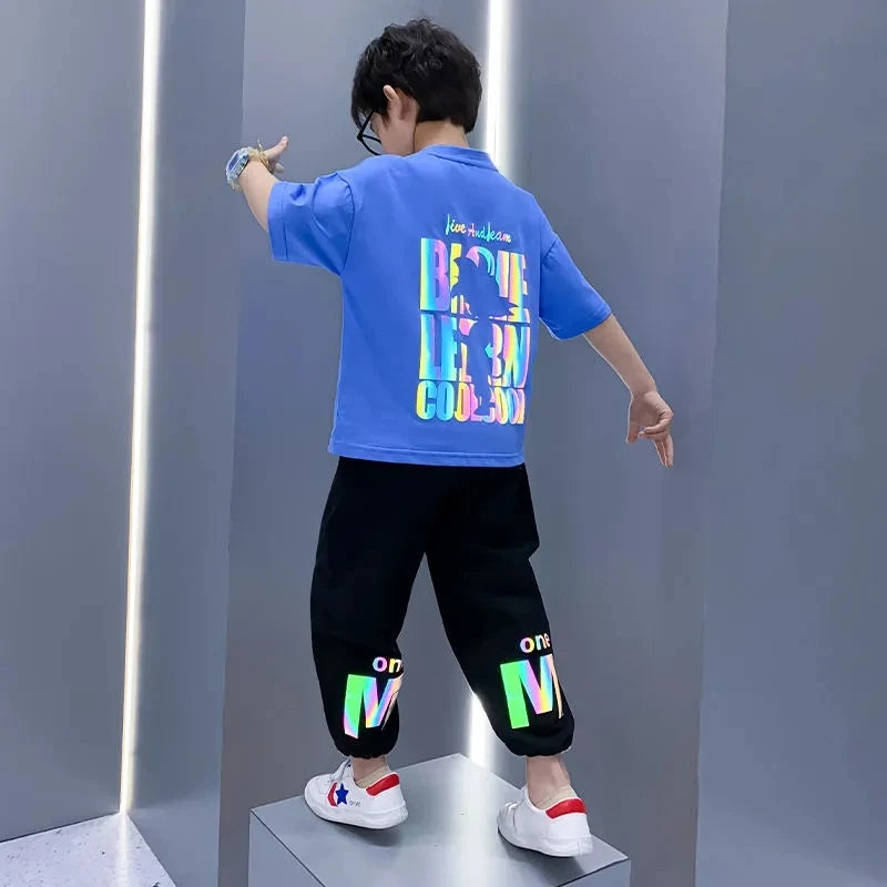 Completo estivo per ragazzi composto da maglietta a maniche corte e pantaloni, 2 pezzi, abbigliamento sportivo casual per adolescenti, taglie 3 5 8 10 12 13 15Y
