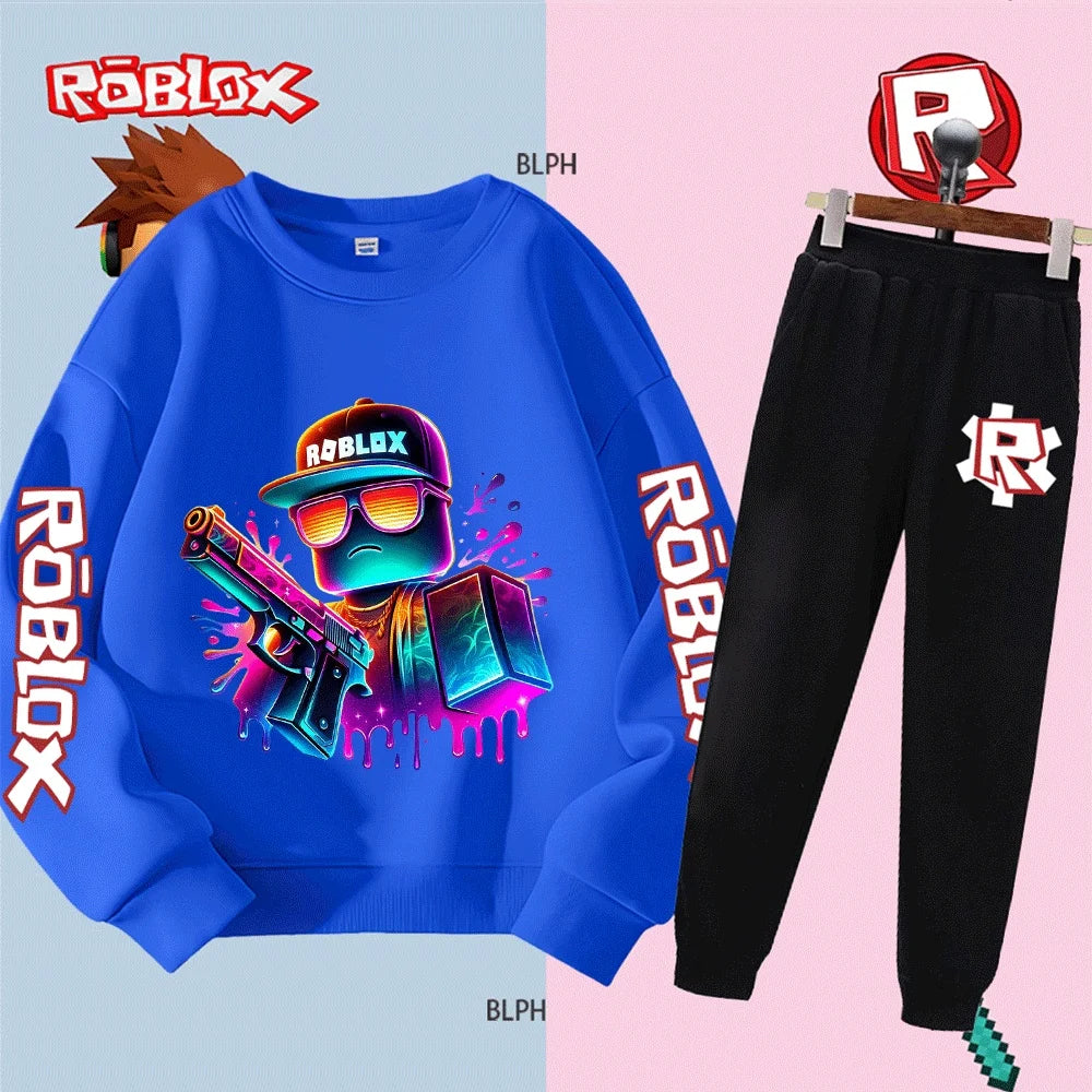 Set felpa con cappuccio Roblox per bambini e bambine, felpa alla moda a maniche lunghe con pantaloni e stampa di personaggi dei cartoni animati, casual