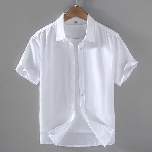 Camicia da uomo in cotone e lino a maniche corte, estiva, stile streetwear, tinta unita, collo alto, casual, stile spiaggia, taglie forti dalla M alla 3XL