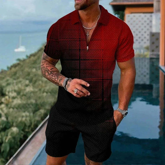Completo da uomo composto da polo con cerniera, tinta unita, stampa 3D sfumata, colletto polo e pantaloncini. Abbigliamento estivo oversize per le vacanze alle Hawaii.