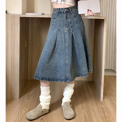 Gonna in jeans a vita alta da donna, alla moda estiva, vintage, stile vintage, per ragazze, casual, stile coreano, lunghezza media.