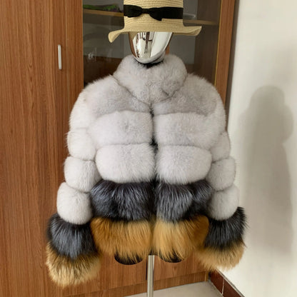 Nuovo cappotto invernale in pelliccia naturale da donna alla moda, con collo misto in volpe argentata, di alta qualità, in vera pelliccia, di lusso da donna