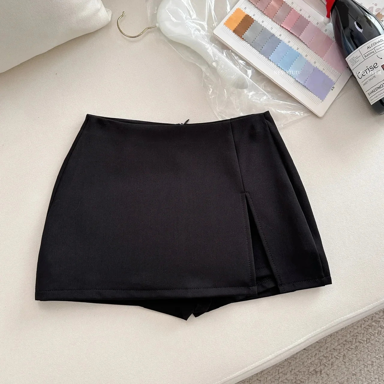 Slim Fit A- Line Mini Skirt with Slits for Women Summer Business Casual Anti-Light Short Skirt Trendy Polyester Fiber