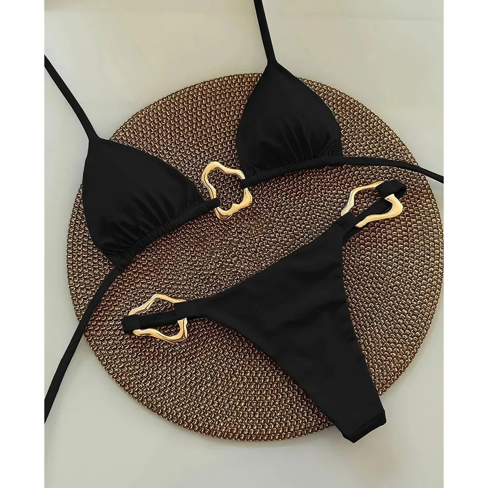 Nuovo bikini sexy a tinta unita con lacci e spacco, costume da bagno a due pezzi per donna