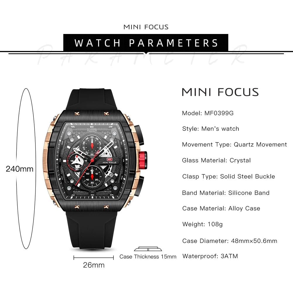 Orologio sportivo da uomo di lusso impermeabile al quarzo con cinturino in silicone, orologio da polso alla moda Relogio Masculino 0399G