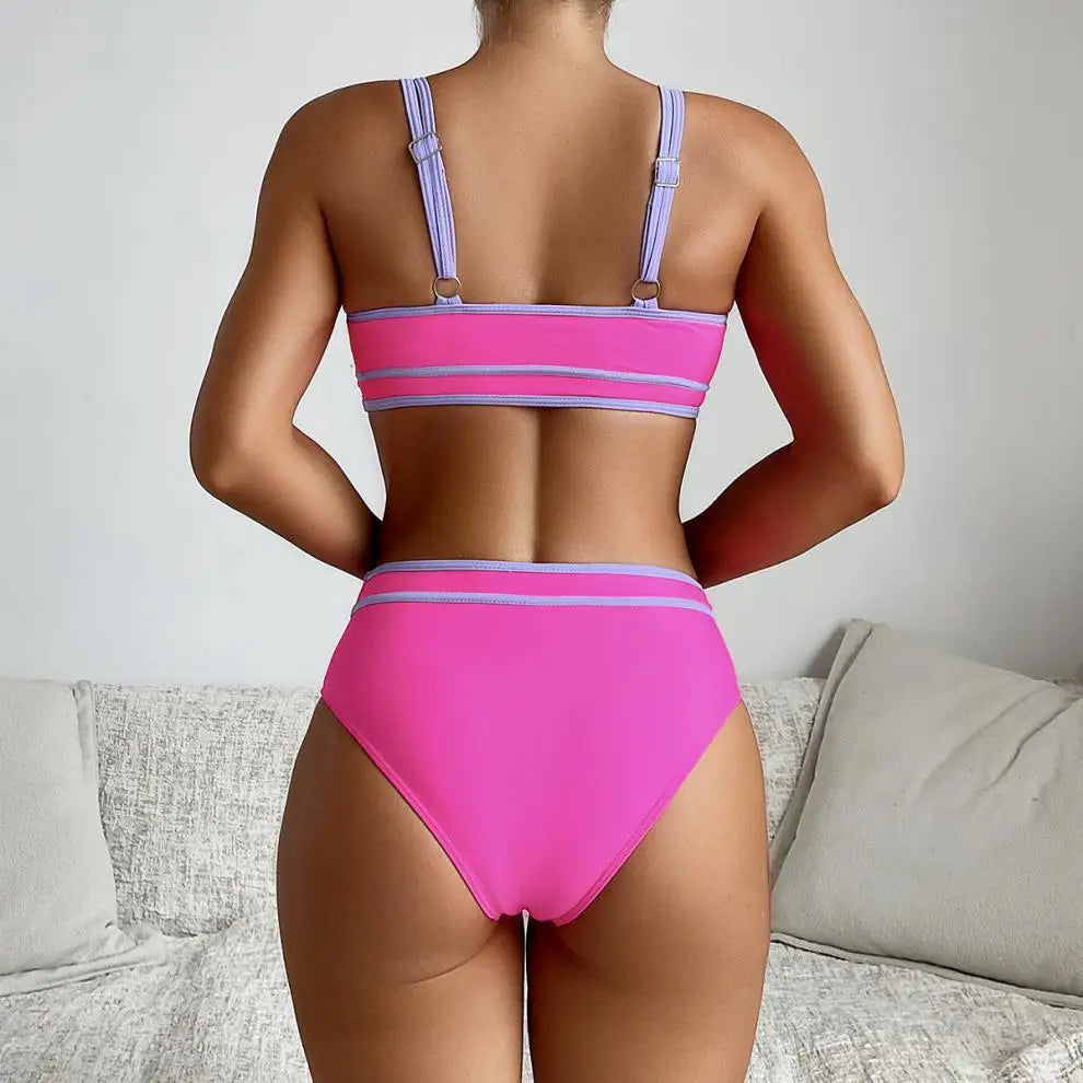Bikini vintage rosa acceso patchwork da donna, reggiseno push-up estivo, costume da bagno a vita alta 2025, costume da bagno da spiaggia a due pezzi