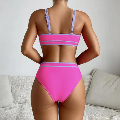 Bikini vintage rosa acceso patchwork da donna, reggiseno push-up estivo, costume da bagno a vita alta 2025, costume da bagno da spiaggia a due pezzi