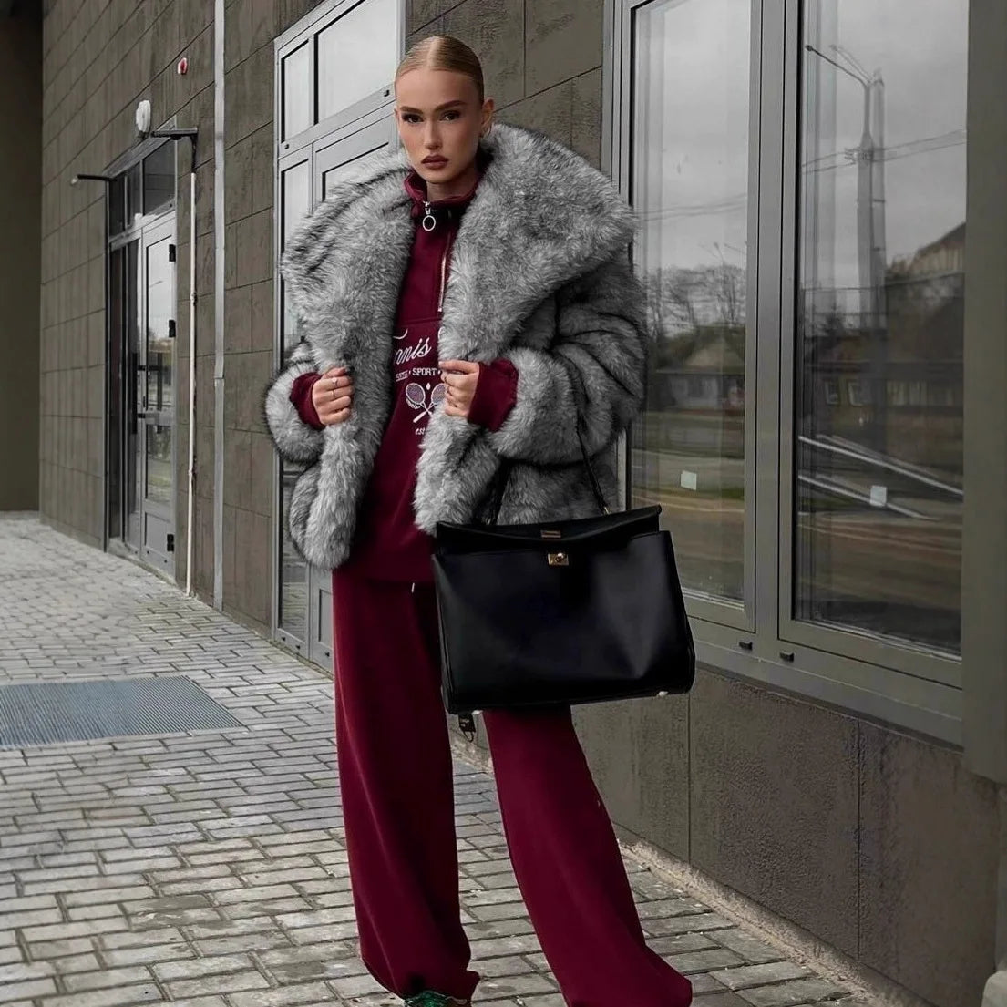 Faux Fox Fur Coats Women Jackets Color Block Turn Down Collar Long Sleeves Loose Fit Open Stitch Thick Casual 2025 Autumn Winter