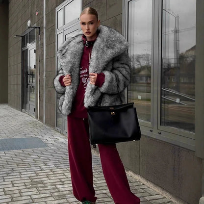Faux Fox Fur Coats Women Jackets Color Block Turn Down Collar Long Sleeves Loose Fit Open Stitch Thick Casual 2025 Autumn Winter
