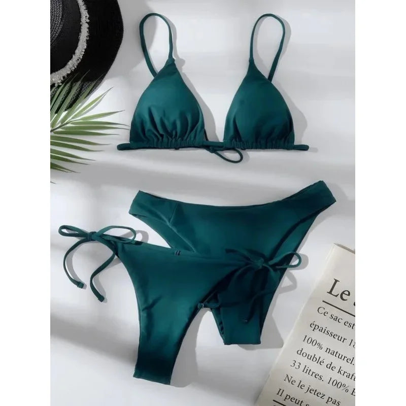 Sexy set bikini a 3 pezzi da donna, tinta unita blu e viola, push-up, a triangolo, costume da bagno brasiliano da spiaggia, costume da bagno bikini