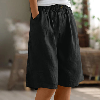 Female Fashion Solid Color Elastic High Waist Pocket Button Up Loose Cotton Linen Five Length Shorts Summer Soft Comfort Pants
