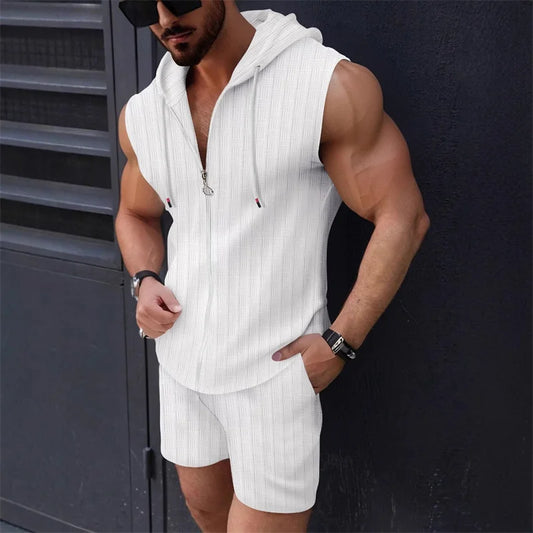 5 colori disponibili per completo da uomo con cappuccio, senza maniche, cerniera, a quadri, slim, alla moda, casual, sportivo, gilet, pantaloncini, set due pezzi, top trendy