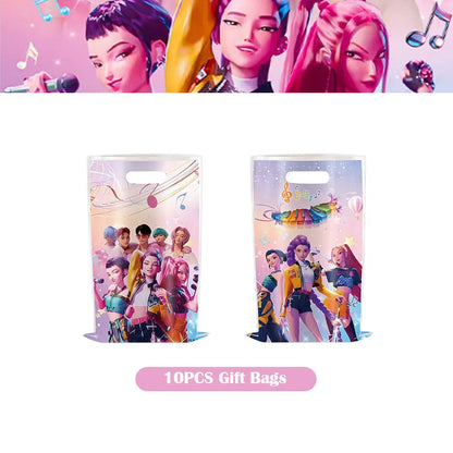Kpop Demon Hunter Birthday Decoration Set Kpop Girl Cup Pate Happy Balloon Happy Banner Gift Bags Supplies for Kids Party Favors