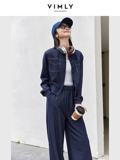 VIMLY Set di pantaloni primaverili da donna in due pezzi 2025 Abiti casual Giacca corta Pantaloni a gamba larga Novità Set coordinato Abbigliamento femminile 387