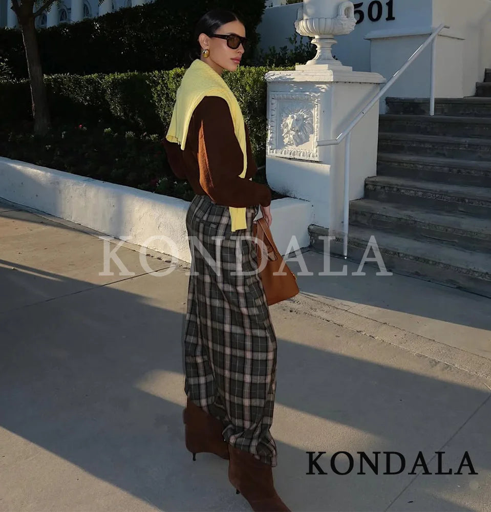 KONDALA Trendy Casual Plaid Trousers Women Elegant Vintage Long Pants 2026 Spring Fashion High Street Commute Chic Female Pants