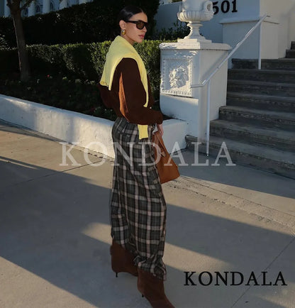 KONDALA Trendy Casual Plaid Trousers Women Elegant Vintage Long Pants 2026 Spring Fashion High Street Commute Chic Female Pants