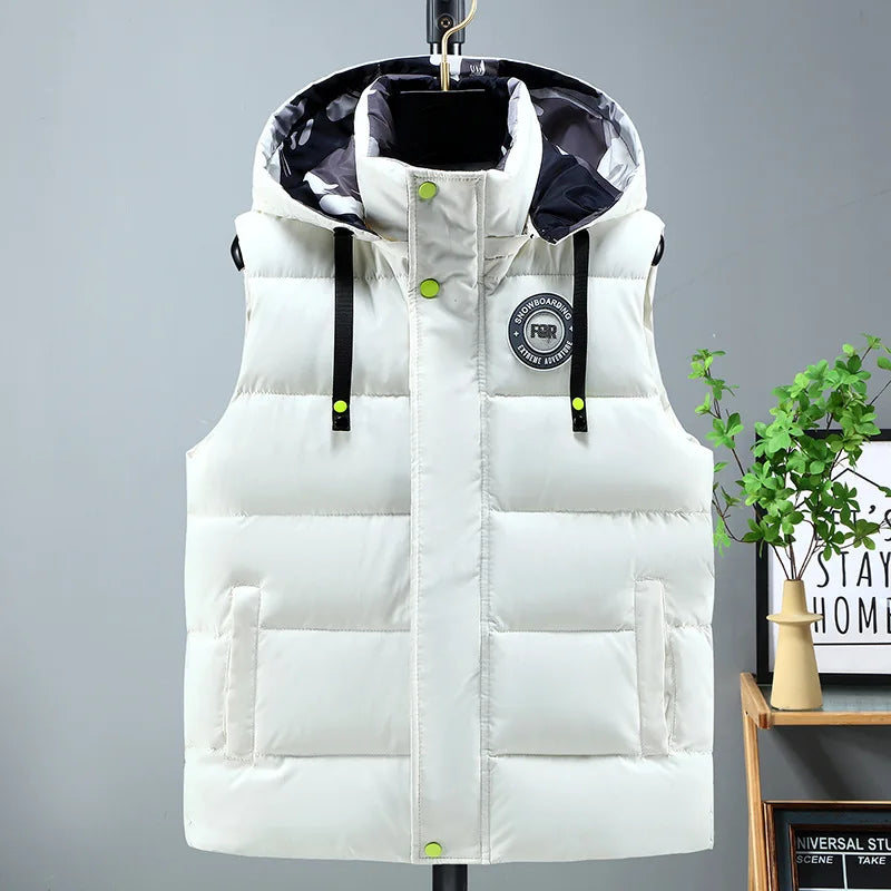 Gilet imbottito da uomo nero in cotone, giacca senza maniche con cappuccio staccabile, caldo invernale, cappotto spesso da uomo, taglia grande 5XL
