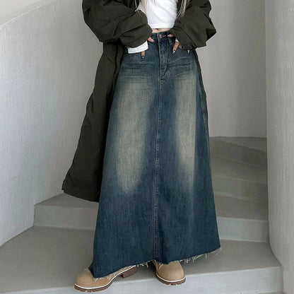 Vinatge A Line Denim Long Skirts Women 2026 Spring High Waist Midi Jeans Skirt Woman Korean Streetwear Loose Skirts Female