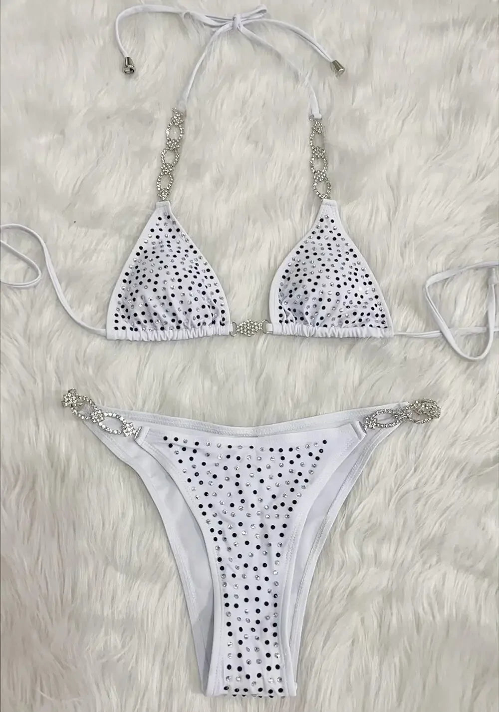 6 Colors Sexy Bikini Women Hollow Rhinestones Chain Halter Swimwear Swimsuit Bikinis Set Bathing Suit Beach Bikini Luxe Female