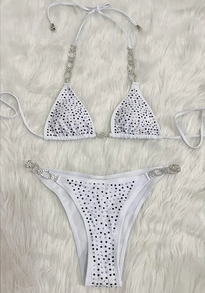 Bikini sexy da donna in 6 colori con strass cavi e allacciatura a catena, set bikini da spiaggia di lusso.