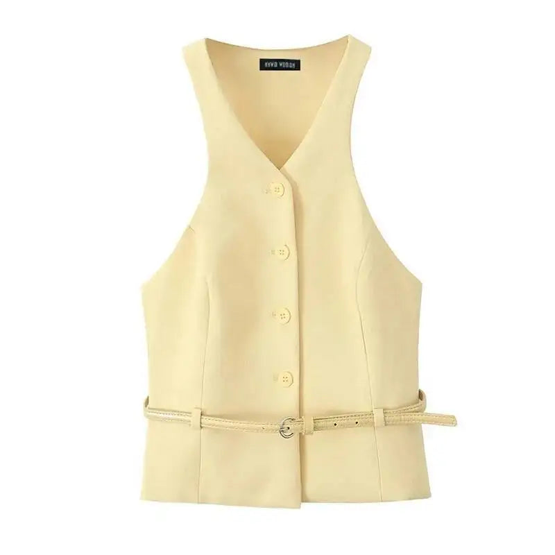 Completo da donna alla moda, top monopetto con cintura, senza maniche, scollo a V giallo + cintura con tasca a vita alta, gonne lunghe, set estivo da donna JHX6