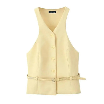 Women Fashion Suit Yellow V-Neck Sleeveless Belt Sngle Breasted Tops+High Waist Pocket Belt Long Skirts Female Summer Set JHX6