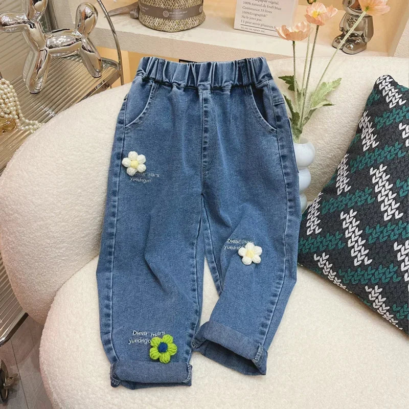 Jeans ricamati con fiori per bambina, jeans per bambini, pantaloni per bambina, pantaloni a gamba larga Daduhey, pantaloni harem, pantaloni per vestiti
