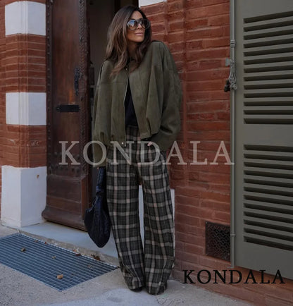 KONDALA Trendy Casual Plaid Trousers Women Elegant Vintage Long Pants 2026 Spring Fashion High Street Commute Chic Female Pants
