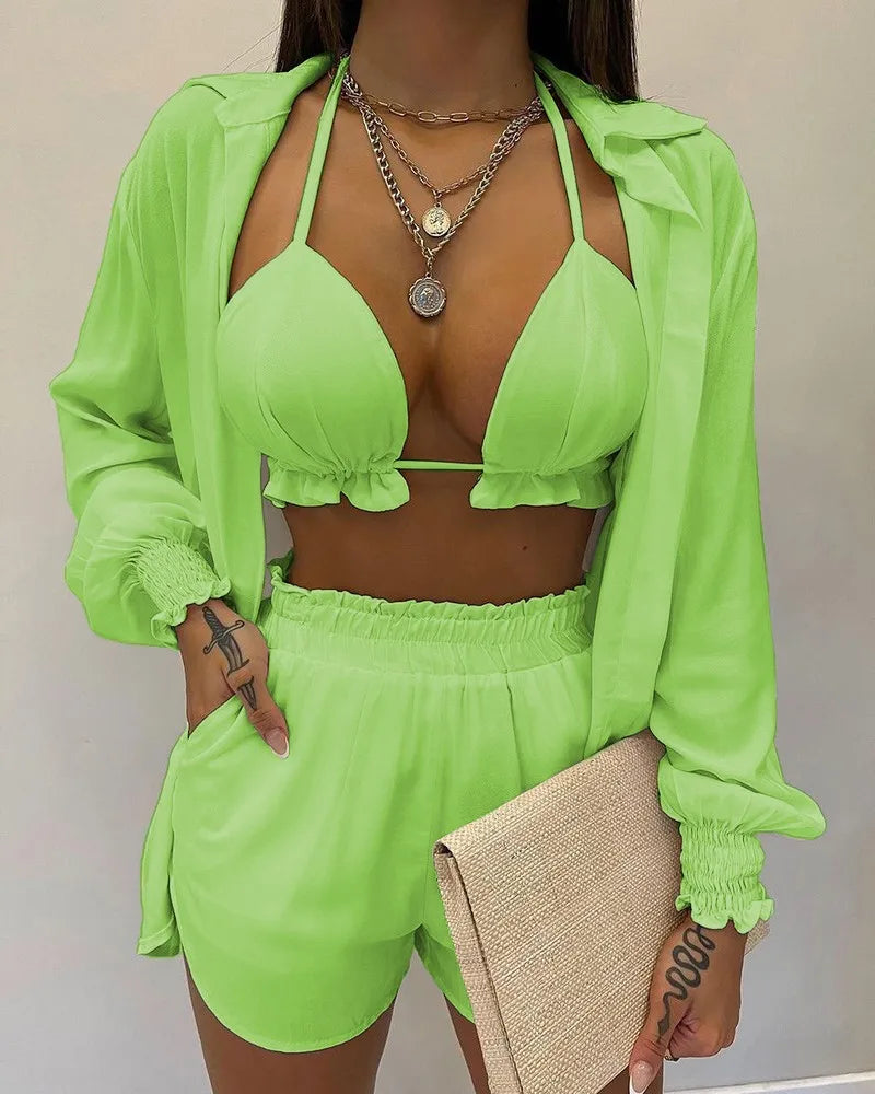 Three Pieces Swimwear Sexy Beachwear 2024 New Bathing Suit Shorts Cover Up Summer High Waist Bikini Set Print Women's Swimsuit