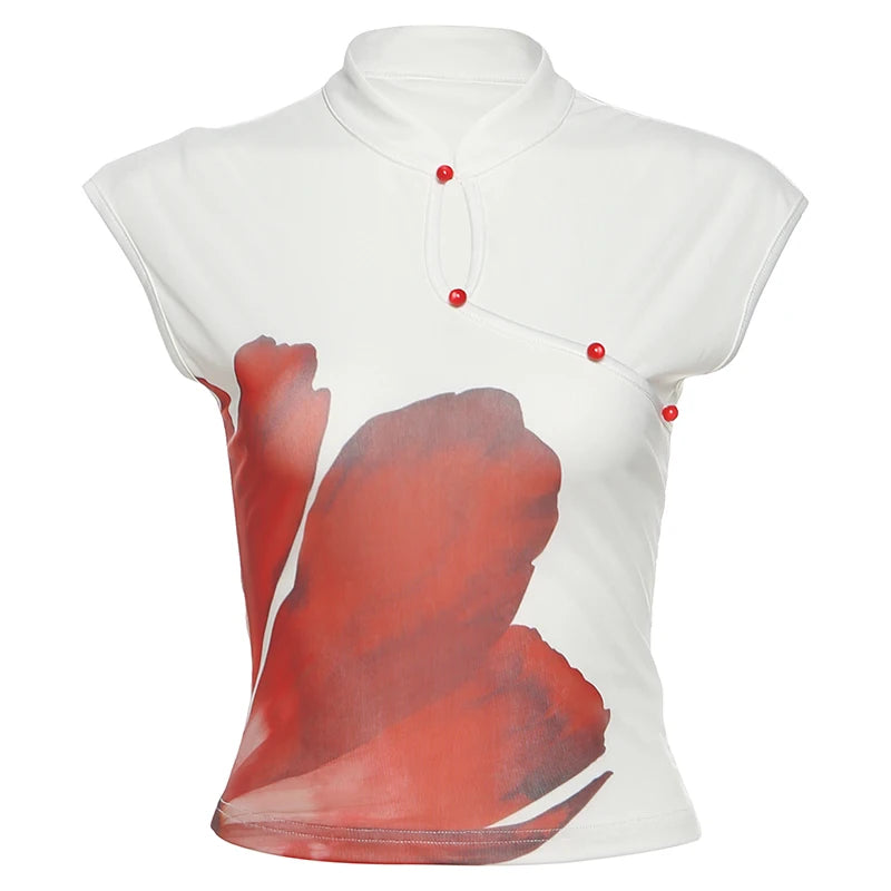 Gonna a tubino con colletto alto, elegante e casual, con motivo a fiori rossi grandi e segmentati, per ragazze ribelli