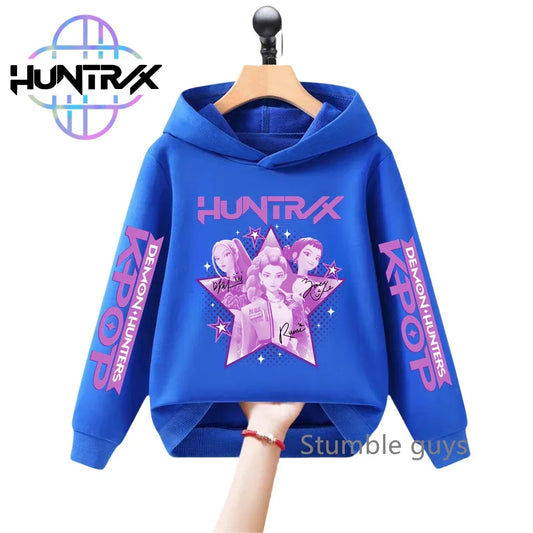 Felpa con cappuccio a maniche lunghe per bambini con stampa anime autunnale KPop Demon Hunters, abbigliamento sportivo, vestiti casual per ragazzi e ragazze.