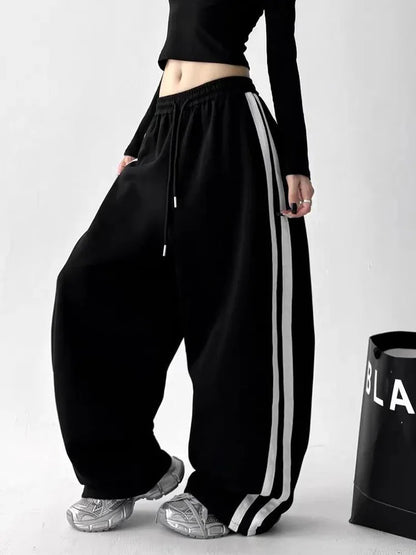 Y2K Vintage Striped Sweatpants Women Streetwear American Hip Hop Loose Pants Retro High Waist Casual Lace Up Spring Bf Trousers