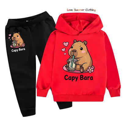Set di 2 pezzi per bambine con felpa e pantaloni da jogging con stampa capibara, completo comodo per bambini, abbigliamento da gioco con capibara, lavabile in lavatrice, completo sportivo coordinato per tutti i giorni per ragazzi.